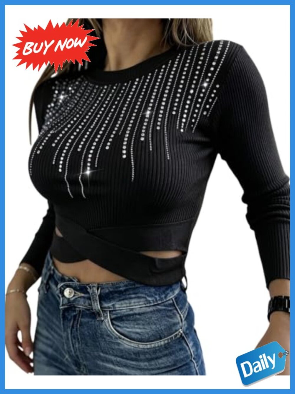 Rhinestone Rhinestone Ribbed Knit Sweater